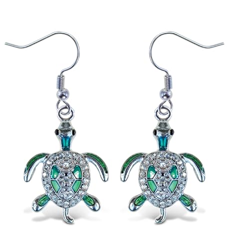 Puzzled Sparkling Green Sea Turtle Earrings - Cute Silver Drop Earrings, Sea Turtle Earrings for Women, Sterling Silver Fish Hook Earrings with Rhinestone Crystals, Elegant Ocean Jewelry Gift