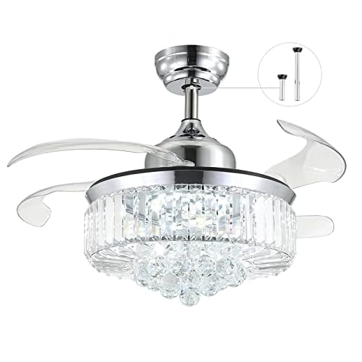 7PM Retractable Ceiling Fan with Lights Remote Control, 36 Inch Crystal Ceiling Fan Fandelier Fan for Living Room Bedroom in 3 Color Changeable, Timer, 6 Speed, Dimmable LED Chandelier Ceiling Fans