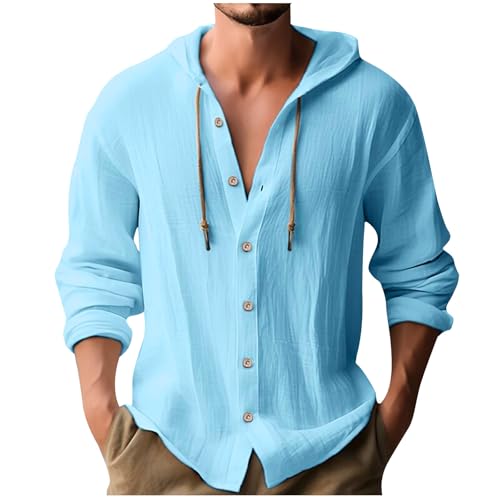 Cotton Linen Hoodie for Men Long Sleeve Button Down Shirts Casual Hawaiian Beach Shirt Tops Summer Hood with Pocket
