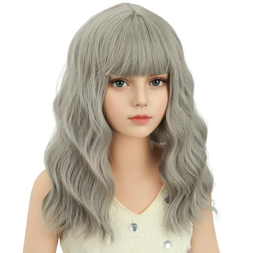 Image of Grey Wig Short Grey Wavy Curly Wigs Wig with Air Bangs Synthetic Cosplay Hair Wigs
