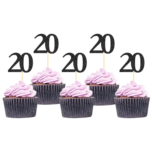 Sotpot 20th Cupcake Toppers, 30 Pack Black Glitter Cupcake Picks, for 20th Birthday Wedding Anniversary Party Decorations Supplies