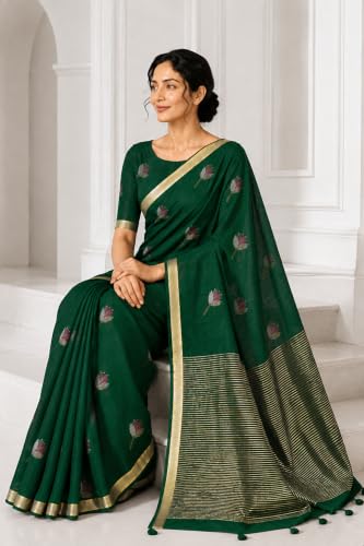 Image of Women's Kosa Linen Floral Motif Design with Unstitched Blouse Piece