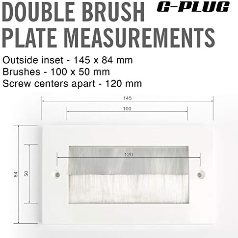G-PLUG Brush Wall Plate, Decora Style, Cable Pass Through Insert for Wires, Double Gang Cable Access Strap, Standart UK White Wallplate with White Brushes