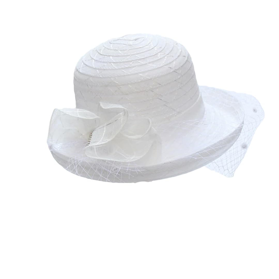 Yeuyyben Cappello da sole da donna, estivo, in organza, a tesa larga, pieghevole, alla moda, con strass, per chiesa e feste