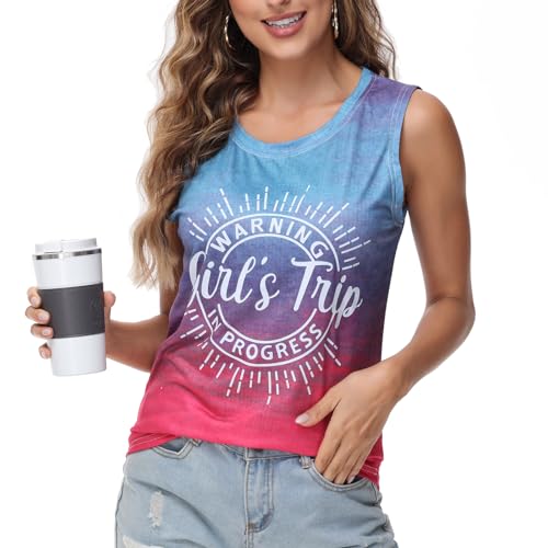 Women's 2024 Warning Girls Trip in Progress T Shirts Casual Crewneck Tank Tops, Tie Dye, M