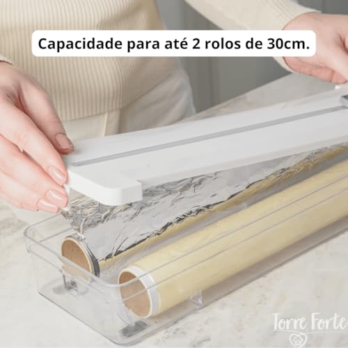 Porta Rolos Duplo Papel Plástico Filme Alumínio Papel Manteiga Cozinha Com Cortador (Preto)