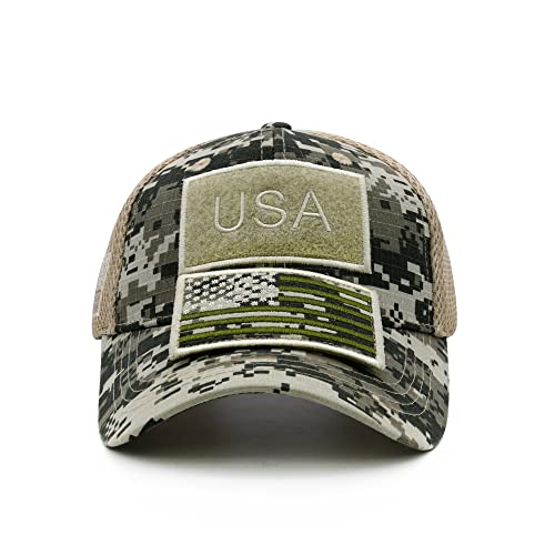 Minyjhz American Flag Camo Baseball Cap For Men Women, Adjustable Usa Army Tactical Operator Military Trucker Mesh Hats With Patriotic Patch Beige #TOP1