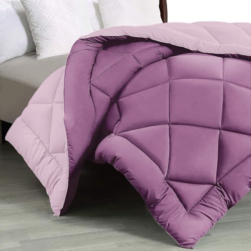 Image of THE HOME STYLE Solid Plain Cotton Feel Fitted Bedsheet (72x78 inches) with Reversible Comforter (90x100 inches) | King Size | 2 Pillow Covers | 300 TC | 4-Piece Bedding Set (Plum)