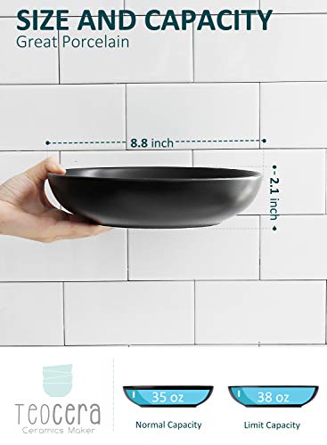 Teocera Pasta Bowls, Large Salad Bowls, Porcelain Bowl Set, Wide And Shallow, Microwave And Dishwasher Safe, 35 Ounce - Set Of 4, Matte Black #TOP1