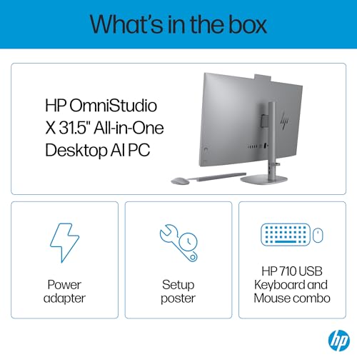 HP OmniStudio X All-in-One Desktop PC, Intel Core Ultra 7 155H, 16 GB DDR5, 1TB SSD, 80.1 cm (31.5"), Dual 2W Speakers,Windows 11,Office 21, Meteor Silver, 9.56 kg, 32-c0015in HP OmniStudio X All-in-One Desktop PC, Intel Core Ultra 7 155H, 16 GB DDR5, 1TB SSD, 80.1 cm (31.5"), Dual 2W Speakers,Windows 11,Office 21, Meteor Silver, 9.56 kg, 32-c0015in