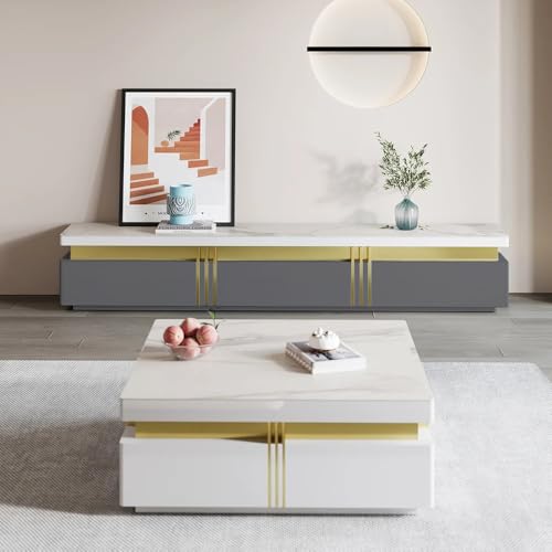 Image of Luxury Joyce Modern TV Unit /Console - 70 inch Naino Compsit Marble Top, 3 Drawer Storage - White & Gold Finish - Scratch Resistant, Waterproof Plywood - Living Room Media Cabinet (Gray)
