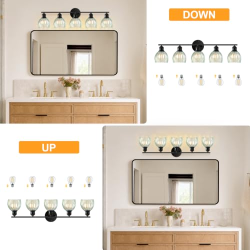 Image of Bathroom Light Fixtures, 5-Light Brushed Black Vanity Lights for Bathroom with Blue Tulip Glass Shade, 30 inch Vintage Bathroom Vanity Lighting Fixtures Over Mirror for Bedroom Living Room Hallway