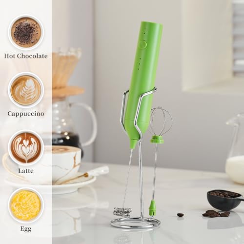 Image of Rechargeable Milk Frother Set by ELMWAY, Electric Drink Blender with Wand and Egg Whisk, Foam Maker Mixer, Milk Frother Handled for Coffee, Latte, Matcha, Protein Powder (Green with Stand)