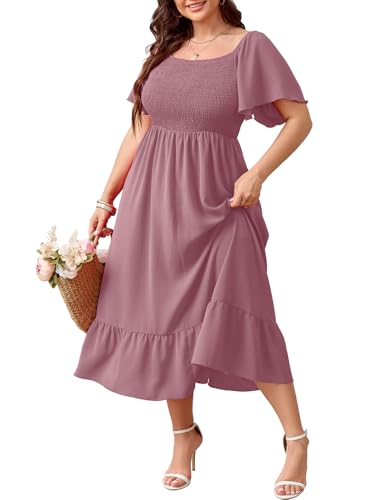 Image of SCOMCHIC Women's Plus Size Summer Dress Casual Short Sleeve Scoop Neck Maxi Dress Smocked Ruffle Boho Flowy Long Dresses