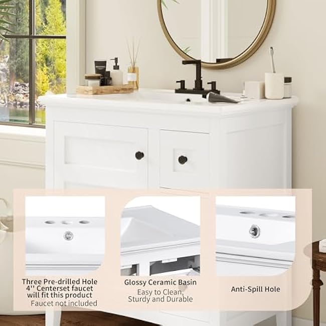 30 Inch Bathroom Vanity with Ceramic Sink,Single Sink Bathroom Storage Cabinet with 3 Drawers, Solid Wood Frame Modern Bathroom Vanity Set (White + Ceramic + Solid Wood+MDF + Solid Wood+MDF)