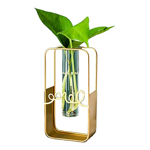 Florero De Vidrio para Planta Hidropónica, Jarrones Vidrio con Marco Metal, Florero Cristal De Tubo Ensayo Hidropónico, Hierro Forjadorectangular Love Estilo para Oficina,Habitación,Sala De Estar