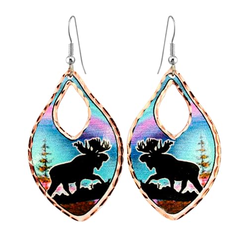 FRONT LINE JEWELRY Elch Ohrringe für Damen Handgefertigte Kupfer Ohrhänger mit Alaska Nordlicht Motiv Elch Schmuck für Wildtierliebhaber