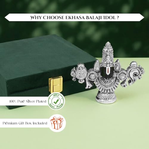 Image of Ekhasa 999 Silver Plated Tirupati Balaji Venkateshwara Idol with Luxury Velvet Gift Box | Perumal Statue for Home & Religious Decor | Housewarming, Wedding, Griha Pravesh, Diwali & Festive Gifting