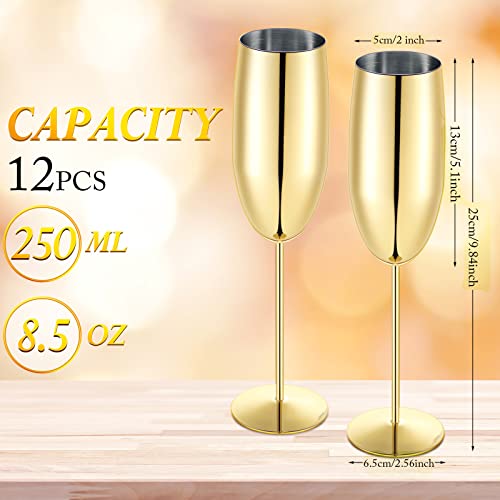 Yinder 12 Pcs Gold Champagne Flutes Bulk 8.5 Oz Gold Wine Glasses Stainless Steel Stemmed Flutes With Box Unbreakable Toasting Glasses For Wedding Anniversary Parties Gifts Pool #TOP1