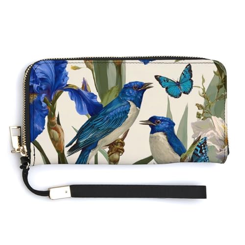 Botanical Blue Birds And Butterflies PU Leather Clutch Long Bifold Wallet, Coin Purse Credit Pass Case, Durable Card-Holder Money Storage for Women Men