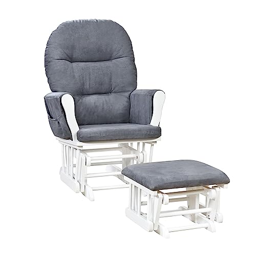 Image of Naomi Home Brisbane Glider and Ottoman Set with Smooth Rocking & Gliding Motion, Ergonomic High-Back Support, Cushioned Armrests, Solid Wood Base, Storage Pockets, White/Dark Gray Nursery Chair