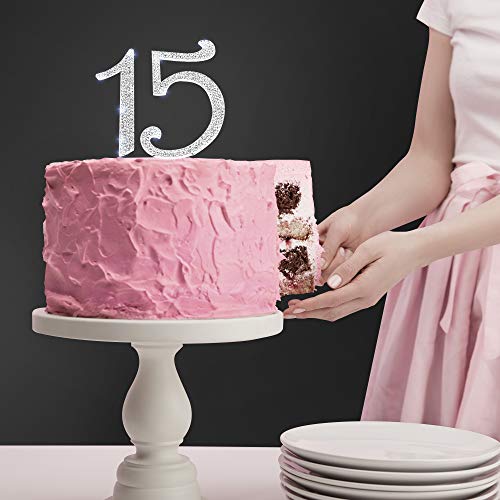 15 Cake Topper, 15th Happy Birthday, Anniversary, Vow Renewal, Crystal Rhinestones on Silver Metal, Party Decorations, Favors - Thumbnail 5