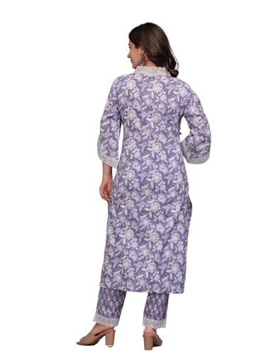 Image of Amayra Women's Pure Cotton Printed Straight Kurta Set with Palazzo Pants & Dupatta- Ethnic Wear, Purple