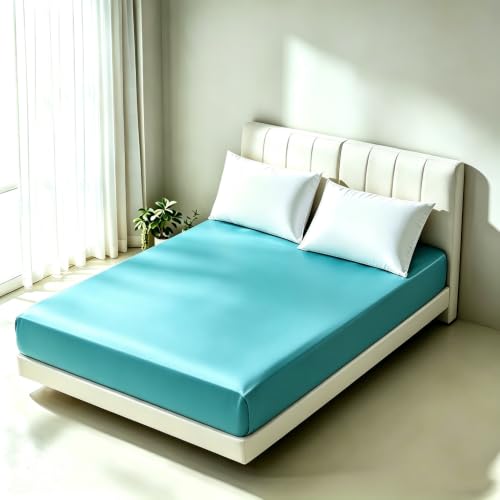 1 Piece Satin Fitted Sheet Only Classic Luxury Silky Soft Bed Sheets Solid Color (Turquoise, Fitted Sheet(Full))