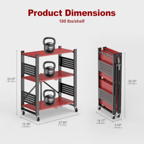 Image of 3-Tier Folding Shelf with Roller Casters for Storage Required. | Heavy-duty steel folding shelf Side Pegboard Construction Garage Shelves, Red And Black Perforated Shelves, No assembly