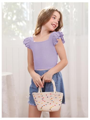 Image of OYOANGLE Girl's Casual Solid Ruffle Trim Cap Sleeve Square Neck Cute Crop Tank Tops T-Shirts