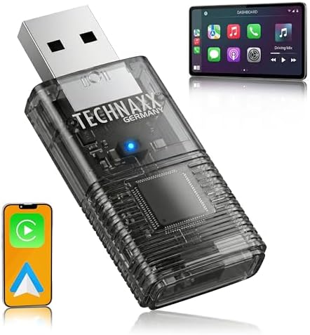 Technaxx Wireless CarPlay & Android Auto Adapter – Upgrade von Wired auf Wireless, 2.4/5GHz WLAN & Bluetooth 4.2, Plug & Play USB-Dongle mit USB-C & 90° Adapter – TX-346