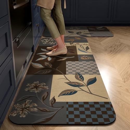 Alfombra Cocina 40X60Cm Hojas Azules Alfombra Vinilica 2 Cuero Alfombras Cocina Antideslizante,Alfombra De Pasillo De PVC Impermeable,Antideslizante Y Resistente Antifatiga Al Aceite
