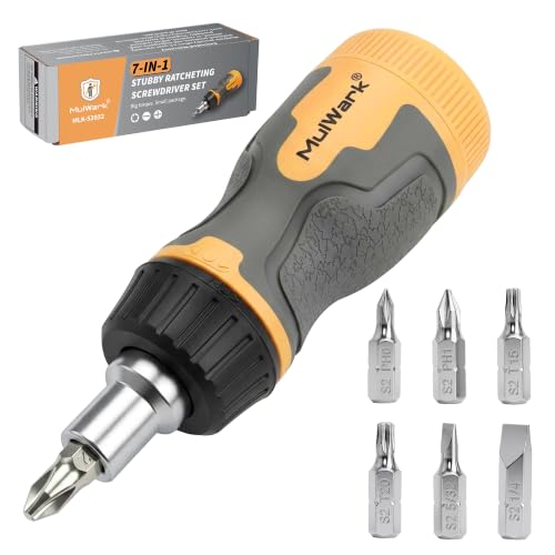 Image of MulWark 7-in-1 Stubby Ratcheting Screwdriver, Small Screwdriver with Magnetic, Multi-bit Stubby Screw driver with S2 Steel Phillips Slotted Torx Bits in Handle, Compact Tool for Tight Spaces