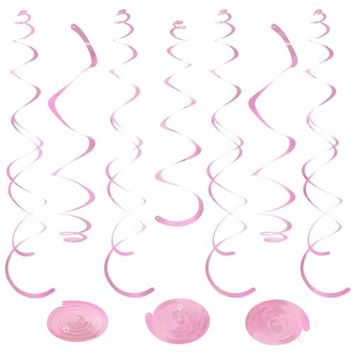 24 PCS Pink Hanging Swirl Sparkle Ceiling Hanging Decorations Plastic Streamer Party Decorations with Double-Swirls and Single-Swirls for Birthday Decorations Easter Graduation Baby Shower
