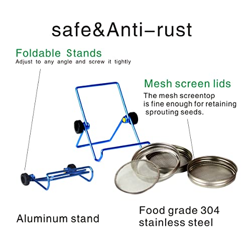 Yarwell Sprouting Lids And Stands For Wide Mouth Mason Jar, Stainless Steel Lids, Aluminum Stands (4 Set) (Blue) #TOP2