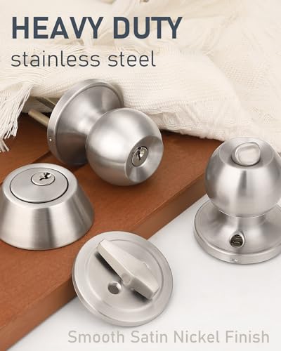 Brotima 2 Pack Keyed Entry Door Knob and Single Cylinder Deadbolt Combination Set in Satin Nickel, Keyed Alike Exterior Knob Door Handle and Deadbolt Lock and Key, Round Locking Lever Handle Set