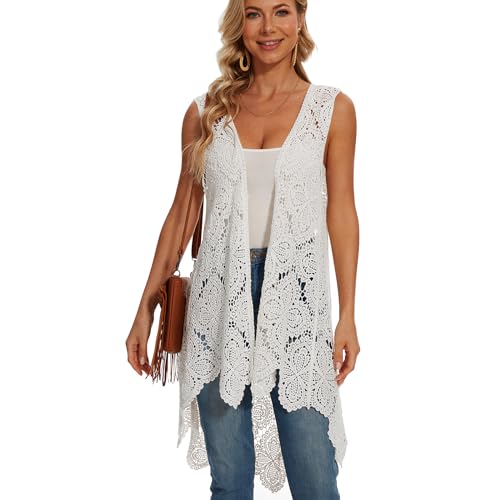 Smdppwdbb Women'S Crochet Boho Lace Floral Vest Boho Sleeveless Kimono Irregular Hem Cardigan White cover