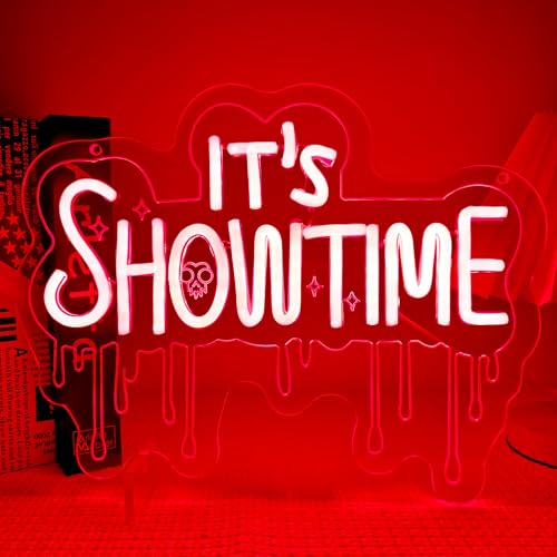 Image of It's Show Time Neon Sign Halloween Neon Lights for Wall Decor LED Red Tombstone Sign for Party,Chamber of Secrets, Spooky House, Game Room, Theater