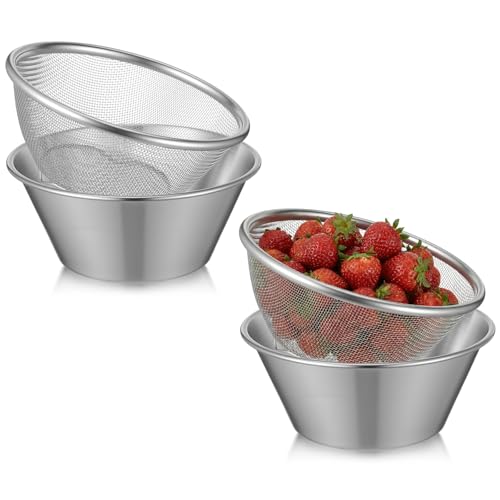 Afcabakila 4Pcs small strainer Mini Strainer with Bowl Berry Baskets rice strainers Stainless Steel Stainless Steel Small Colander rice washer strainers bowl for Berries, Strawberry, Grape, Cherry