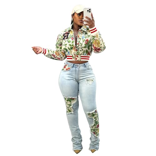 Women's Cropped Floral Print Bomber Jacket Casual Button Down Coats Outerwears4