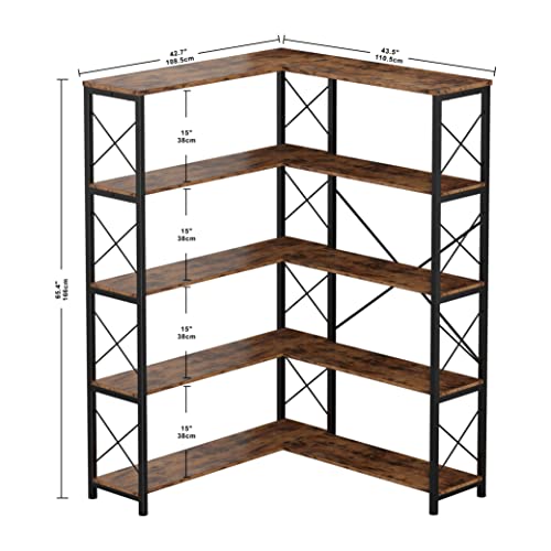 IRONCK 5-Shelf Corner Bookcase, Vintage Industrial Corner Bookshelf Etagere Bookcase, 5 Tiers Corner Shelf Storage Rack with Metal Frame for Living Room Home Office