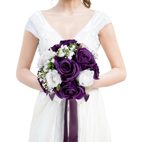 DIYDOFUN Wedding Bouquet for Bride - Premade Simple Artificial Roses Flowers for Bridal Shower Destination Ceremony Anniversary Decorations - Deep Purple & White