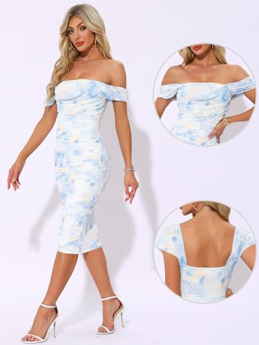 Image of Allegra K Midi Ruched Dress for Women's Cocktail Bodycon Square Neck Printed Dresses