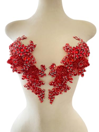 XZG.beatal Handmade Shining Rhinestones lace Applique Patches Sewing Beads Sequins Stone Trim Accessories for Wedding Dress 1 Pair/Bag 11X4.3inches (Red)