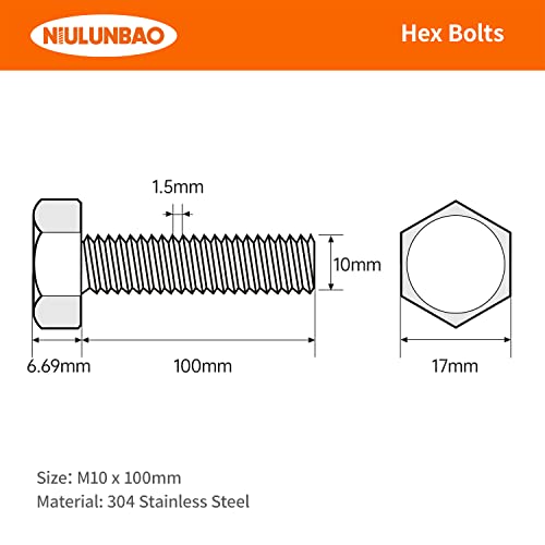 Image of M10-1.5 x 100mm Heavy Duty Hexagon Bolts Hex Head Screws, 304 Stainless Steel, Metric Machine Fully Thread, Bright Finish, Quantity 6PCS