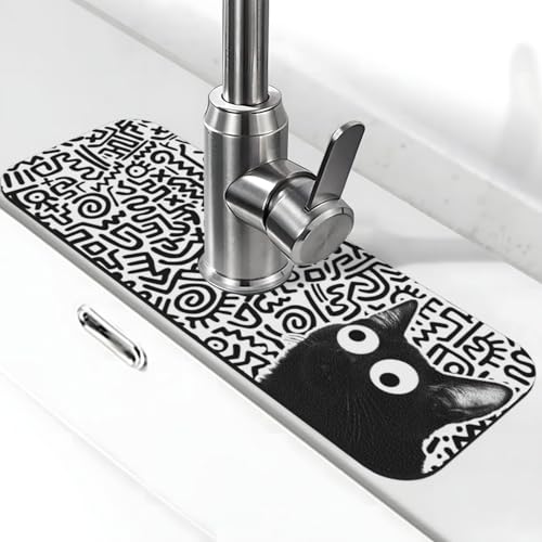 Black Cat Streaks Faucet Mat for Kitchen Sink Cute Drying