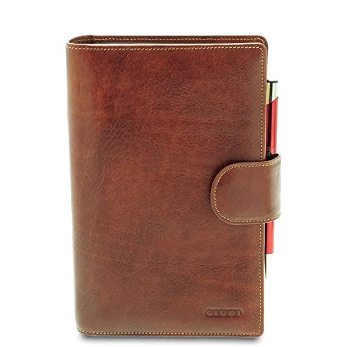 GIUDI ® - Organizer settimanale in pelle vacchetta, vera pelle, Unisex, porta carte, porta penna, rubrica, block notes, Made in Italy. (Marrone)