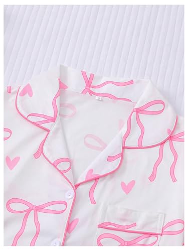 Image of SHENHE Women's 2 Piece Pajama Set Bow Graphic Button Down Short Sleeve Lapel Shirt Pj Short Set