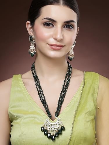 Image of Karatcart Gold Plated Green Crystal and Pearl Studded Kundan Rani-Haar Necklace Set for Women