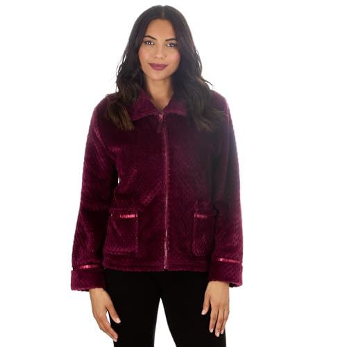 Metzuyan Ladies Long Zip Up Waffle Fleece Bed Jacket Textured Womens Lounge Buttoned Top House Warm Jacket Gown Size Burgundy Size 10-12